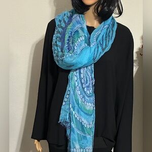 Sheer ocean inspired blue, green scarf, underwater, coral and waves 46” x 78”